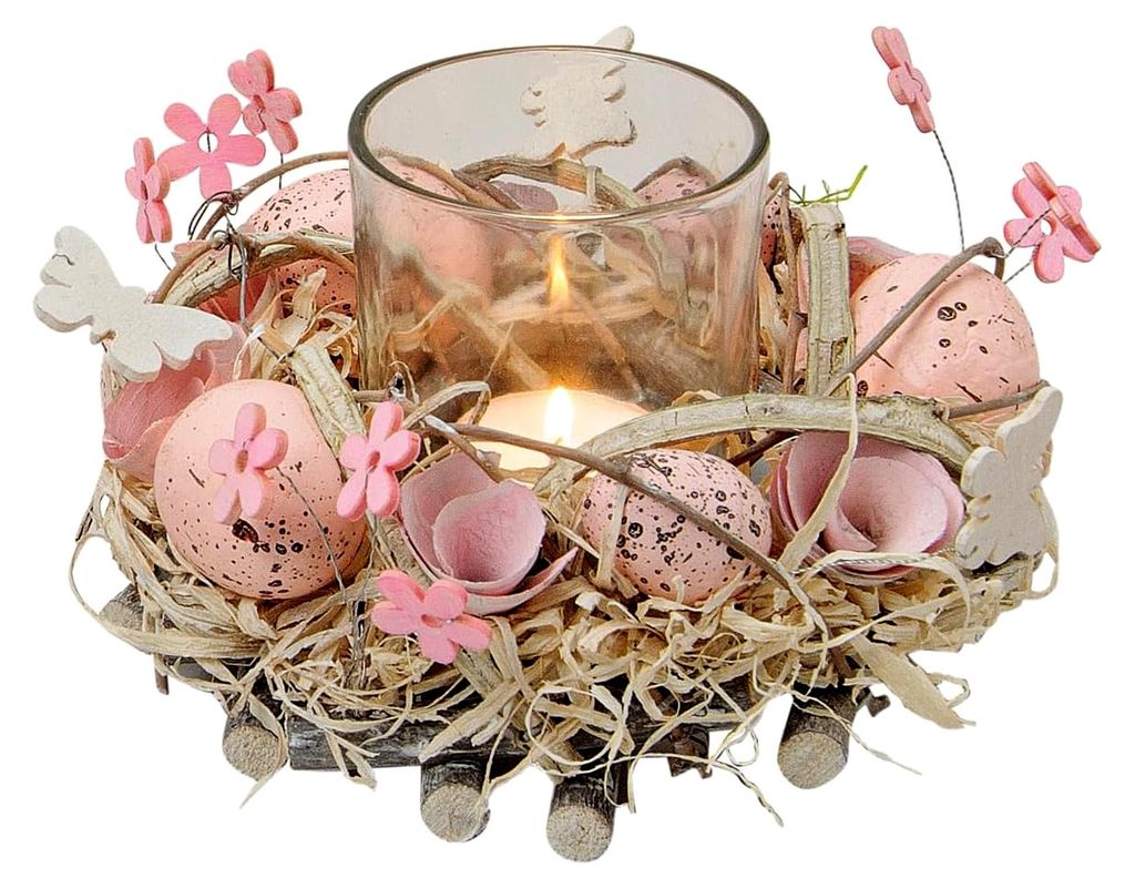 Osterkranz mit rosa Eiern und Teelichtglas - Osterdeko in Pink mit Schmetterlingen und Blumen, Tischdeko für Ostern