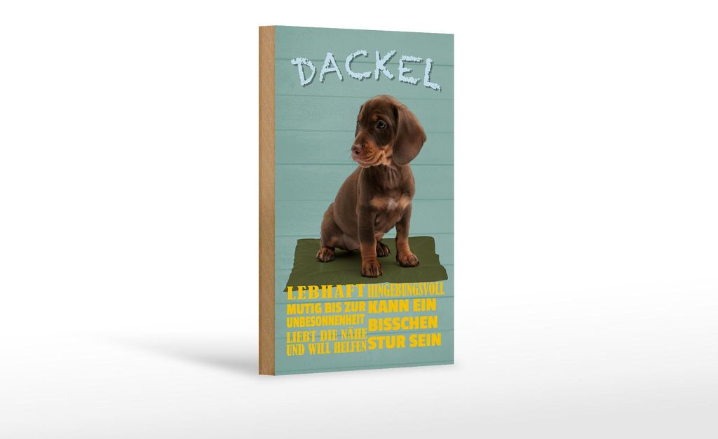 Holzschild Spruch 12x18cm Dackel Hund lebhaft mutig stur Produktbild 