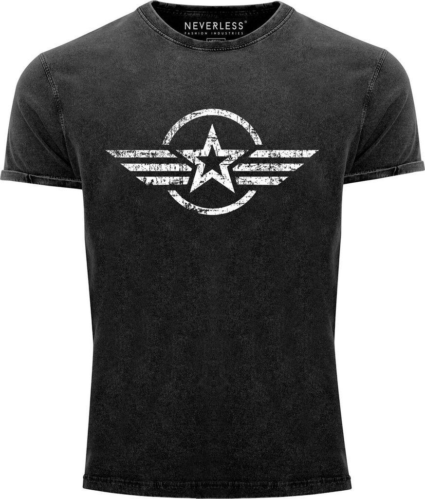 Herren Vintage Shirt Airforce Stern Army Military Aufdruck Printshirt T-Shirt Aufdruck Used Look Slim Fit Neverless schwarz M