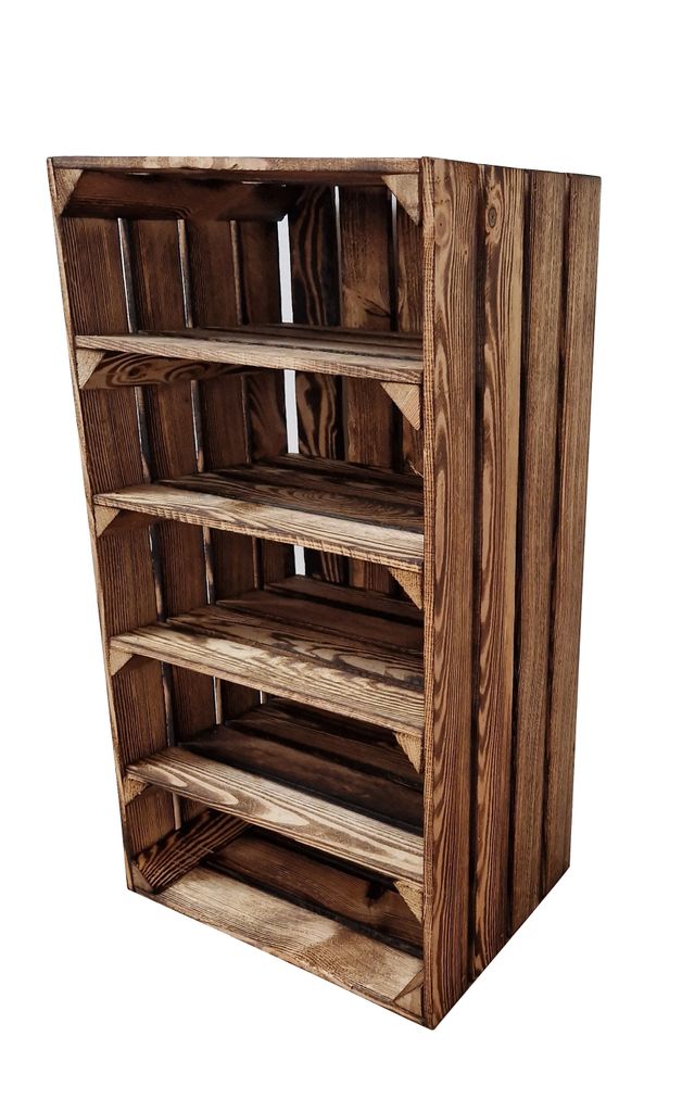 A wooden crate shelf unit with four shelves, displayed against a white background.