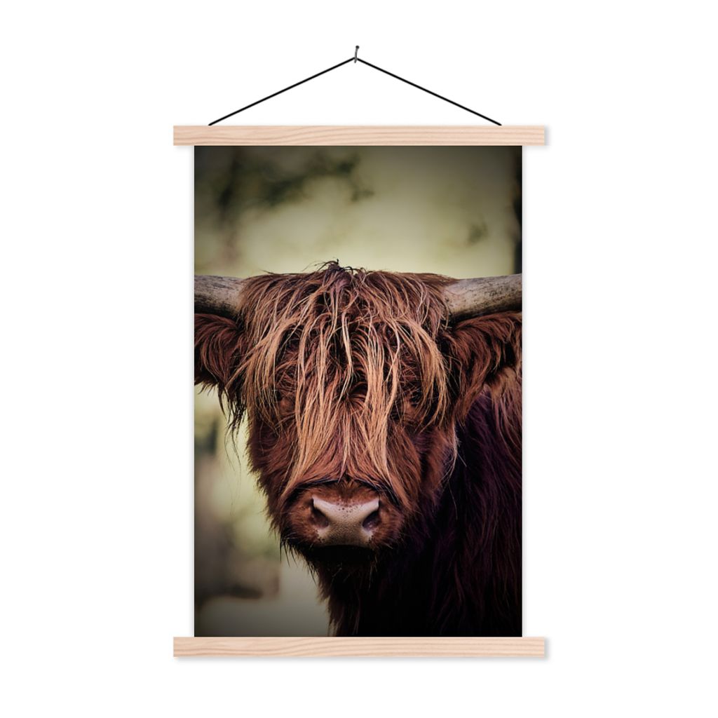 MuchoWow Textilposter Schottischer Hochländer - Licht - Porträt - Natur 60x90 cm mit holzfarbenen Rahmen - Textil
