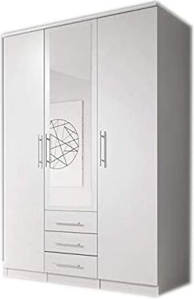 MOEBLO Drehtürenschrank RUTH 3D – Kleiderschrank 3-türig Schrank Garderobe Schlafzimmer mit Spiegel und Schubladen (BxHxT): 150x210x64 cm (Weiß)