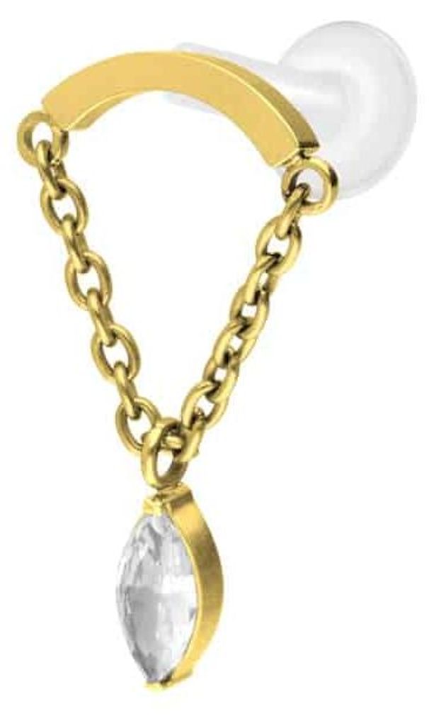 Ohrpiercing, Nasenpiercing PTFE Labret mit Innengewinde + Titan-Aufsatz BOGEN + KETTE + KRISTALLTROPFEN Gold Stablänge: 7mm | Stabstärke: 1,6mm |...