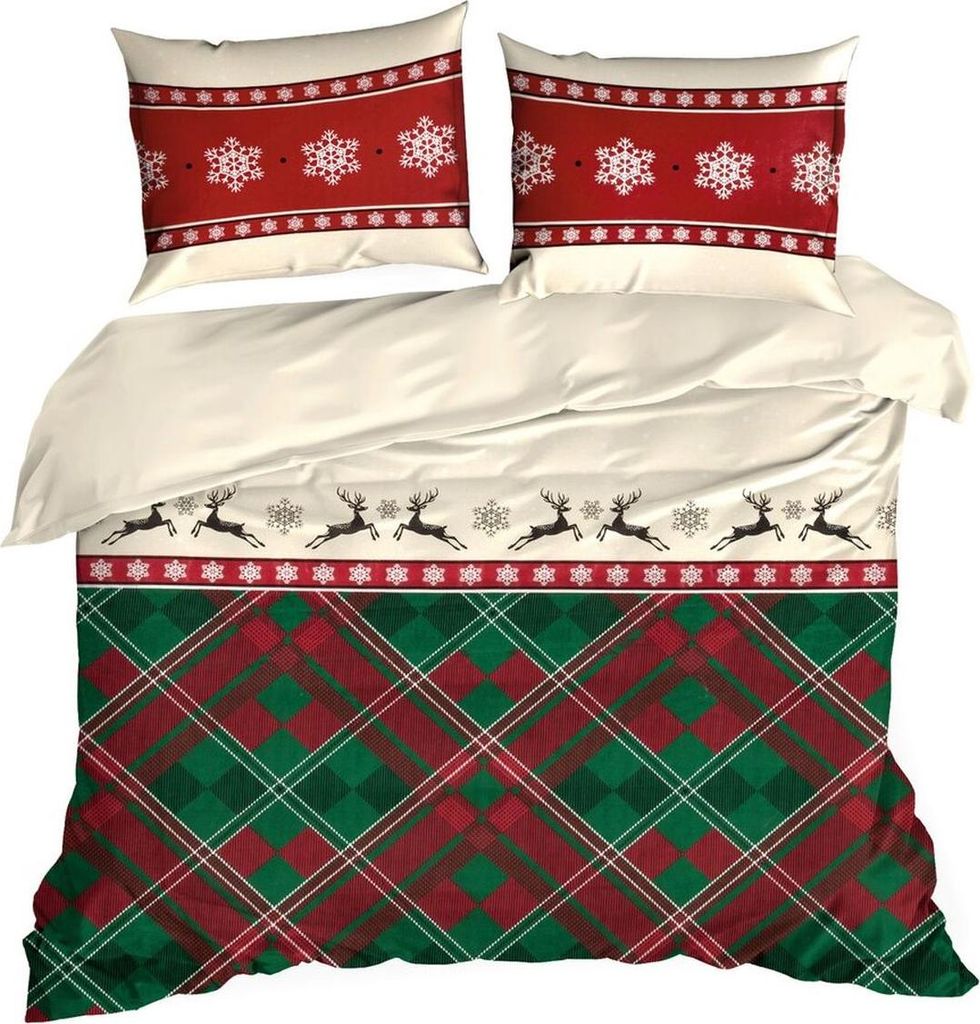 EUROFIRANY | Weihnachtsbettwäsche - Bettbezug 160 x 200 cm - 2x Kissenbezug 80 x 70 cm - Baumwolle - rot grün - Karomuster