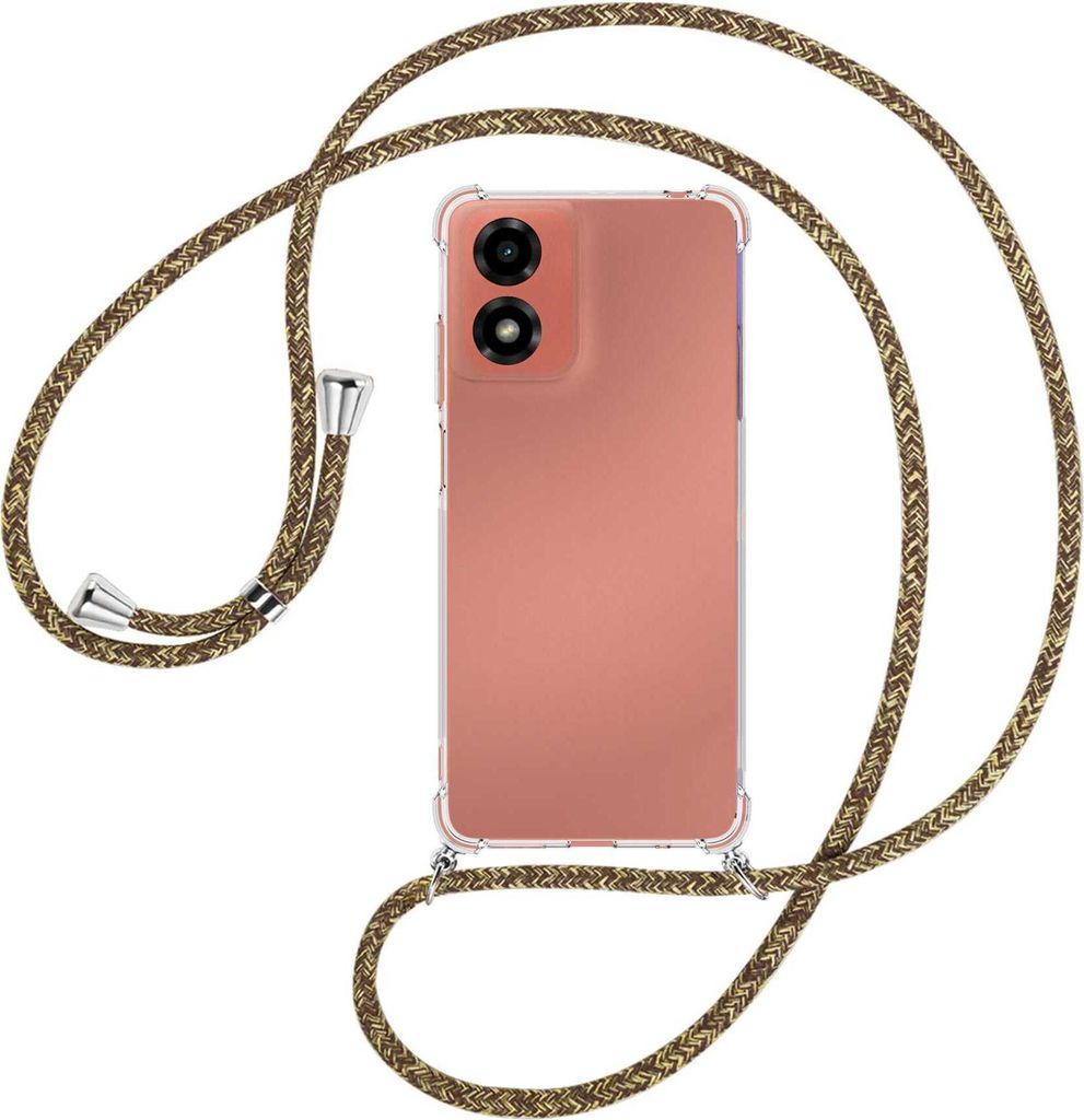 Handykette Backcover-Schutzhülle mit Band (Metall silberfarben) für Motorola Moto G04 / G04s - braun+beige