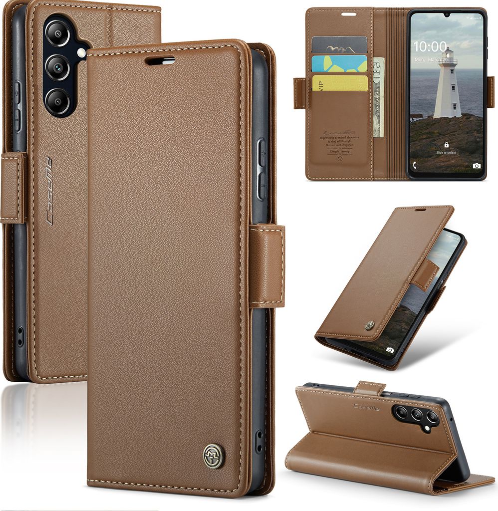 Collage of a brown leather wallet-style phone case for a Samsung Galaxy A16, showing different angles and features.