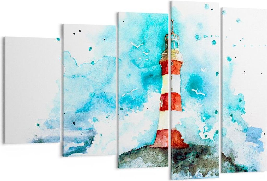 Bild auf Leinwand - Leinwandbild - Leuchtturm Wasser Illustration Welle - 150x100cm - Wand Bild - Wanddeko - Leinwanddruck - Bilder - Kunstdruck - ...