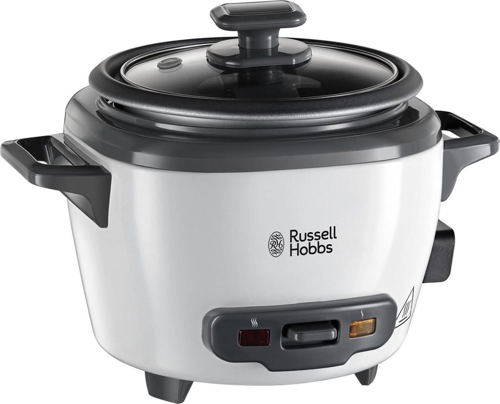 A front-facing studio shot of a white Russell Hobbs rice cooker.