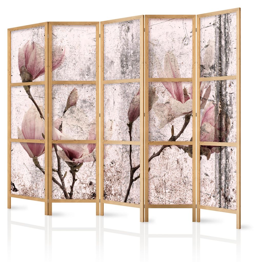 Muralo Japanischer PARAVENT 5-teilig Raumteiler klappbar PREMIUM-Vliesleinwand MAGNOLIEN VINTAGE für Wohnzimmer 225cmx172cm