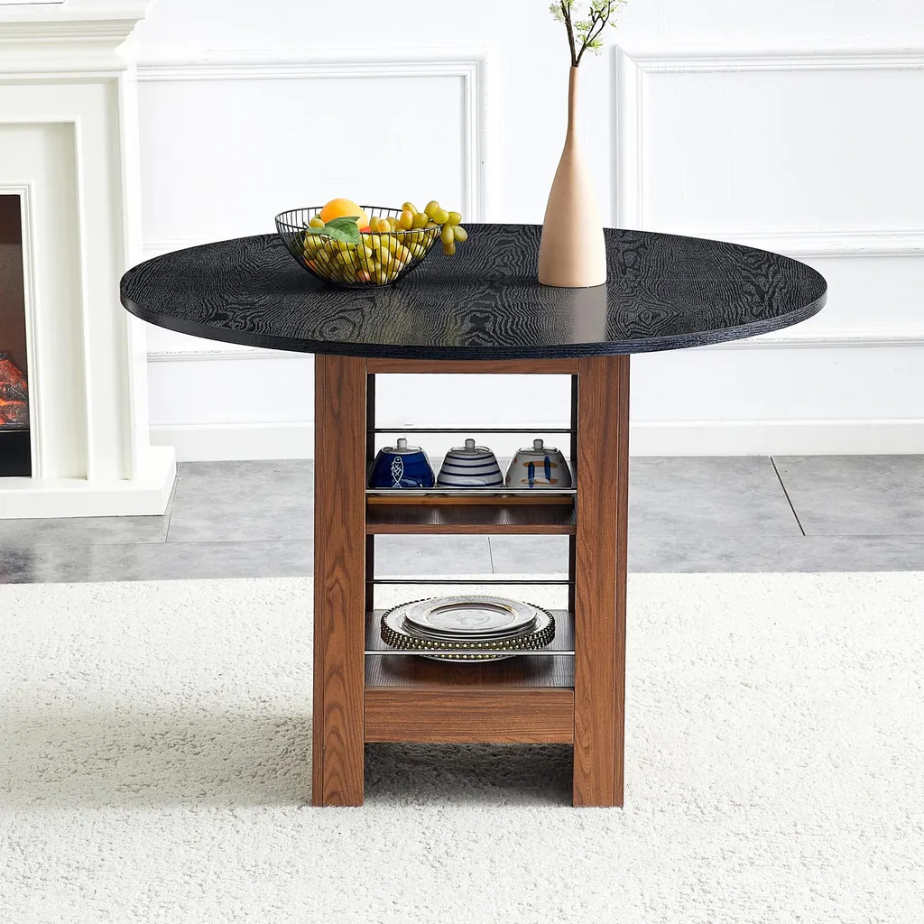 Table ronde aspect noyer Ø 100 cm avec étagère, structure métal noir - 3