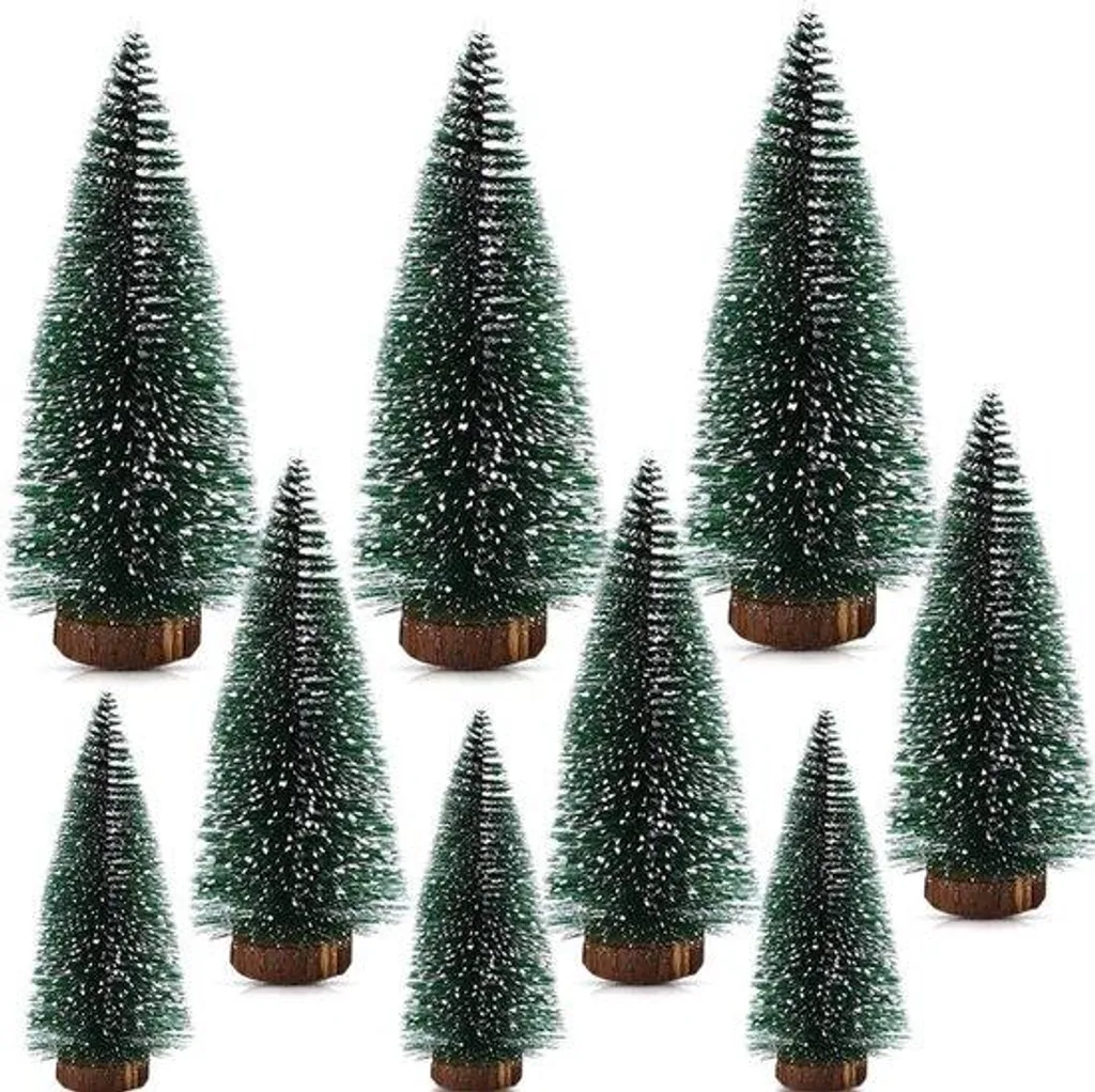 Petits sapins de Noël avec socle en bois et flocage blanc, pack de 9