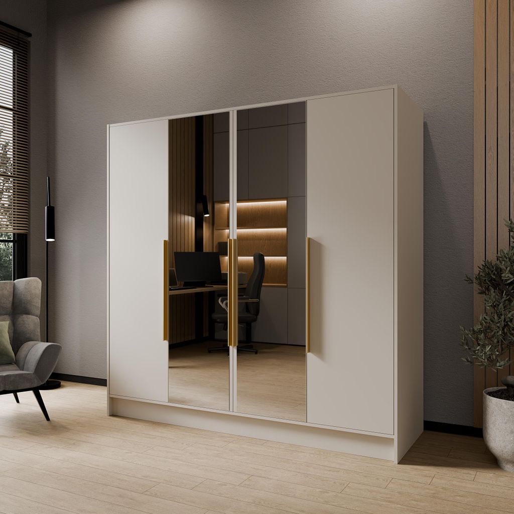 Drehtürenschrank LARO 200 cm Moderner Kleiderschrank mit Spiegel und glatten Türen, Kaschmir mit goldene Griffe