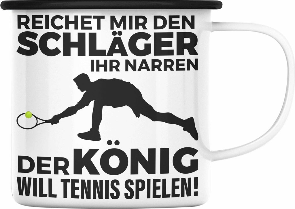 Trendation - Tennis Emaille Tasse Geschenk Tennisspieler Geschenkidee Spruch Coach Trainer Mann Männer (Schwarz)