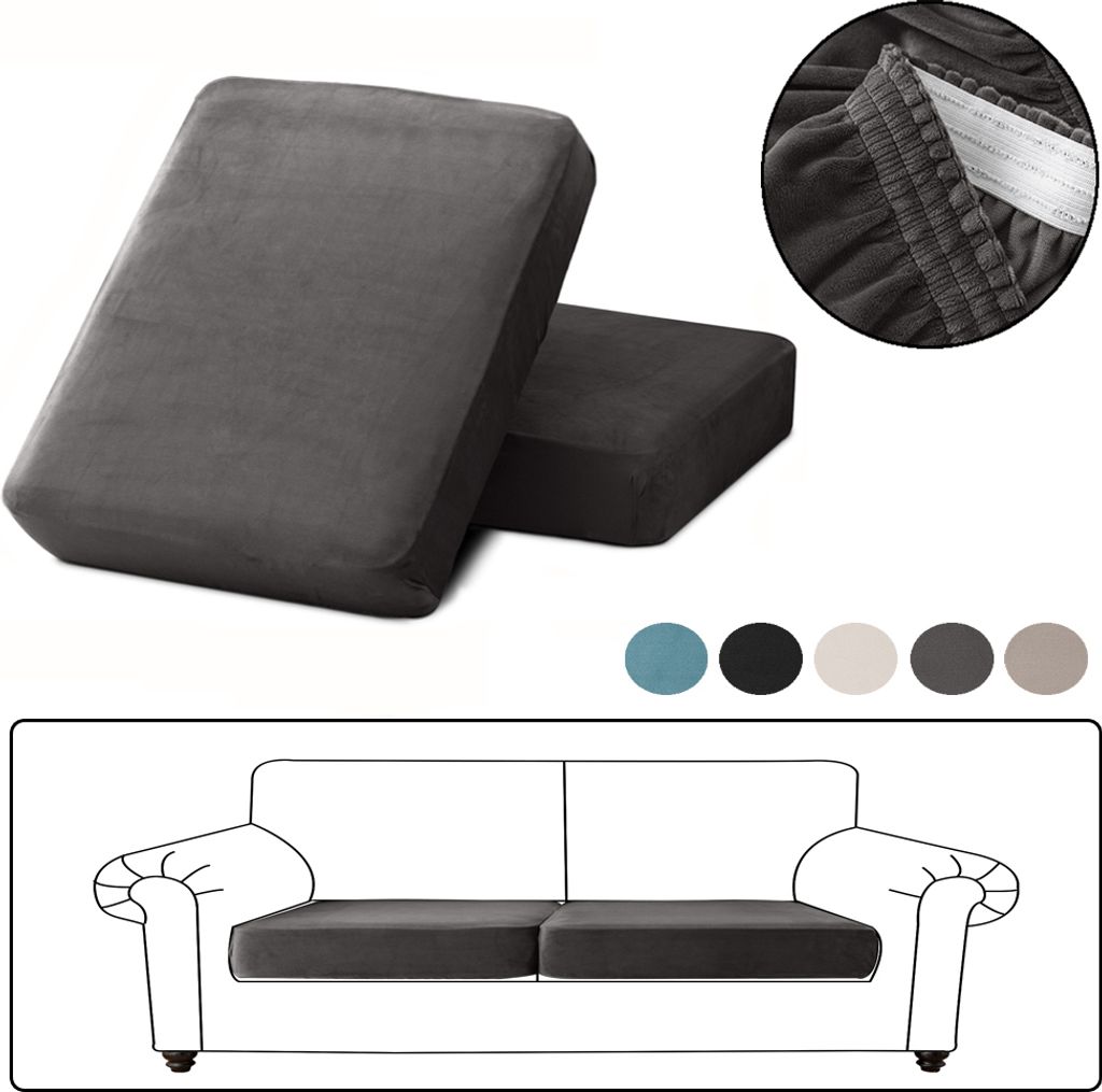 2 Stück Sofa Überzug Samt für 1-Sitzer, Sofa Bezug mit Gummiband, Sitzkissen Bezug Elastisch Universal, Sofadecken für Sitzfläche Dunkelgrau