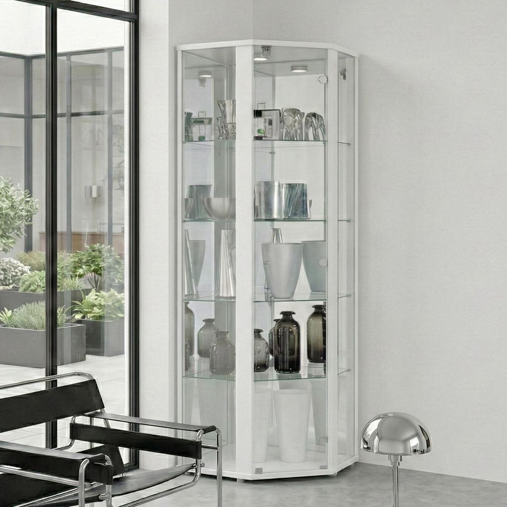 K-Mšbel Eckvitrine in Weiss (176x56,5x56,5 cm) mit 4 Glasbšden, Schloss, Spiegel & LED - Modellauto Vitrine Wei§ - Vitrinenschrank hell - Sammle...