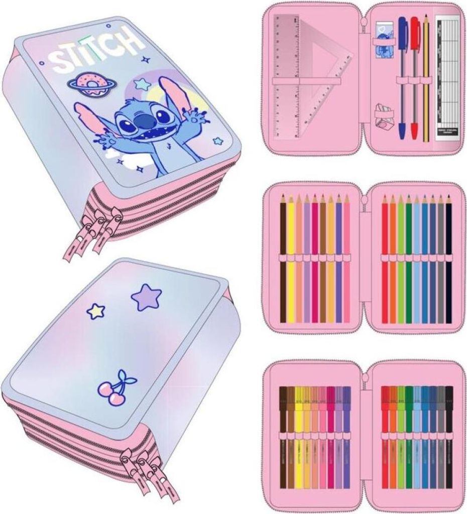 A collage of images showing different views and contents of a Disney Stitch pencil case.