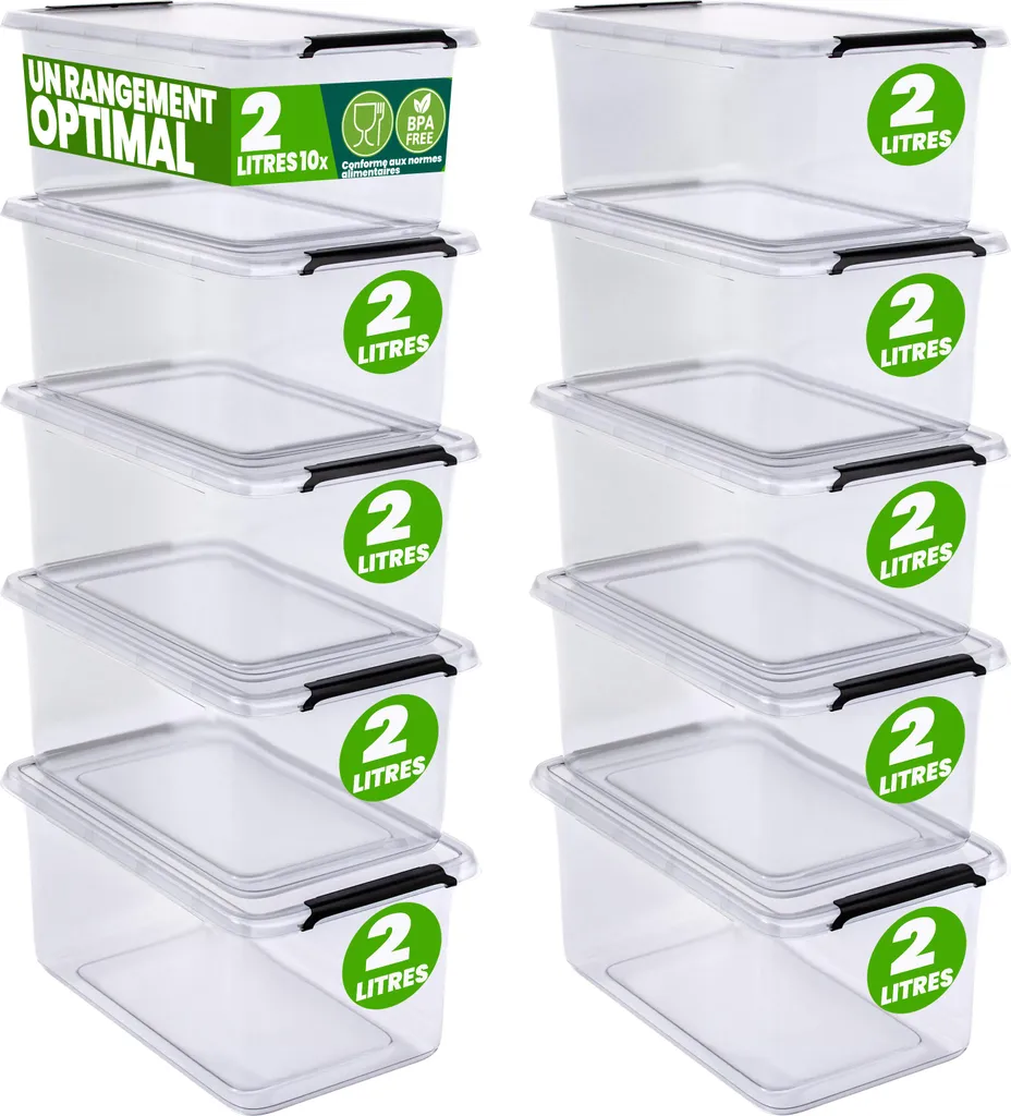 Boîte de rangement empilable 2L sans BPA lot de 10 caisses gain de place