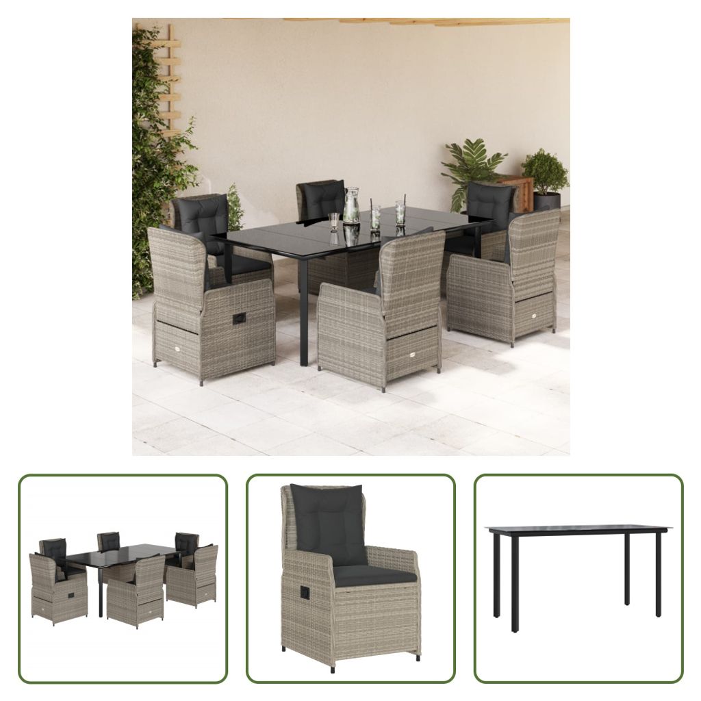 The Living Store 7-tlg. Garten-Essgruppe mit Kissen Hellgrau Poly Rattan