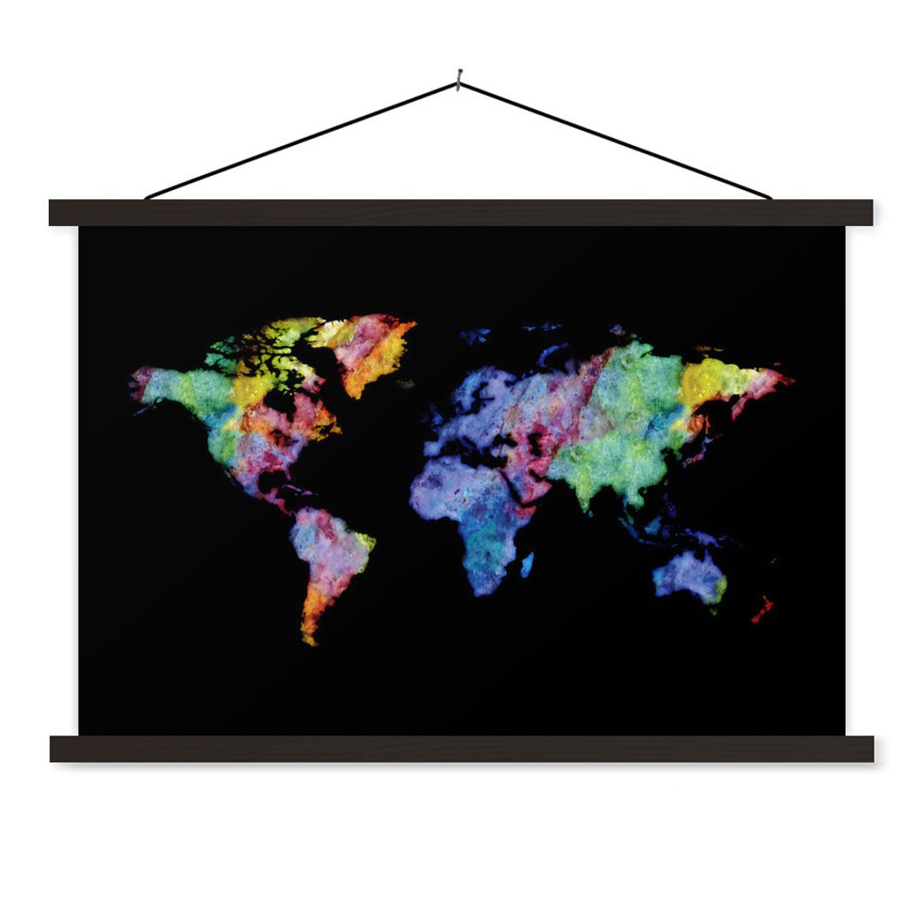 MuchoWow Textilposter Weltkarte - Regenbogen - Aquarell 90x60 cm mit schwarzem Rahmen - Aufhängungssatz