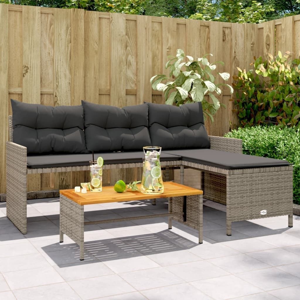 Gartensofa in L-Form mit Tisch und Kissen Grau Poly Rattan 365582