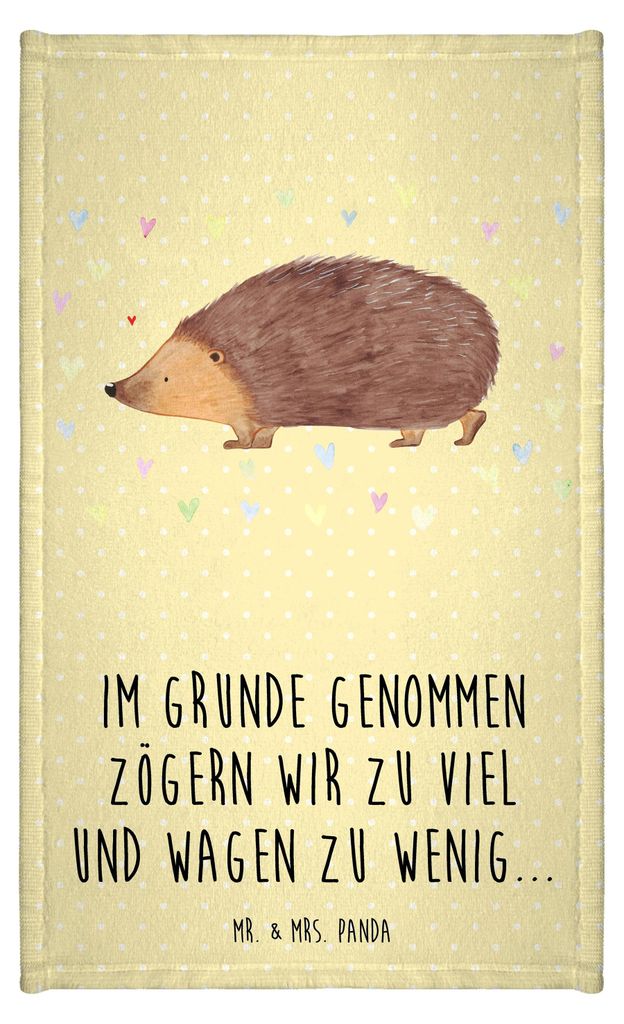 Mr. & Mrs. Panda Handtuch Igel Herzen - Gelb Pastell - Geschenk, Liebe, Gästehandtuch 30x50, Herz, Gäste-WC, gäste wc, Gästetuch, Leben, Lustig...