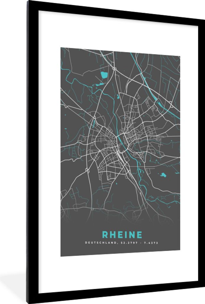 MuchoWow Gerahmtes Poster Blau - Deutschland - Karte - Stadtplan - Rheine 60x90 cm - Poster mit Schwarzem Bilderrahmen Wandposter Rahmen Foto Bil...