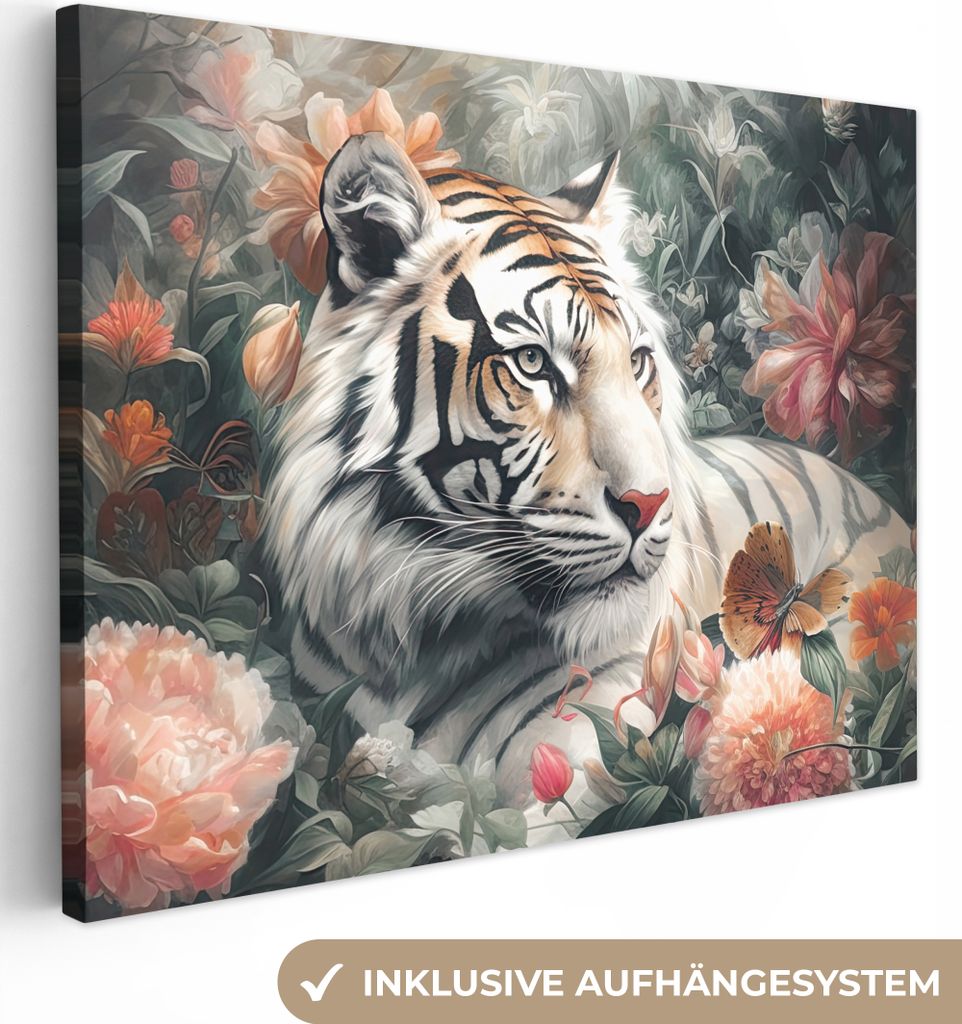 MuchoWow - Leinwandbilder - Tiger - Wildtiere - Blumen - Dschungel, Wandbild, Wanddeko Bilder Wohnzimmer, 80x60 cm