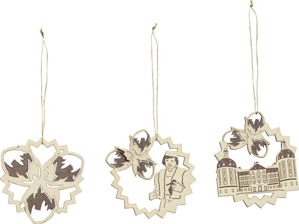 Three wooden Christmas ornaments hanging against a white background.