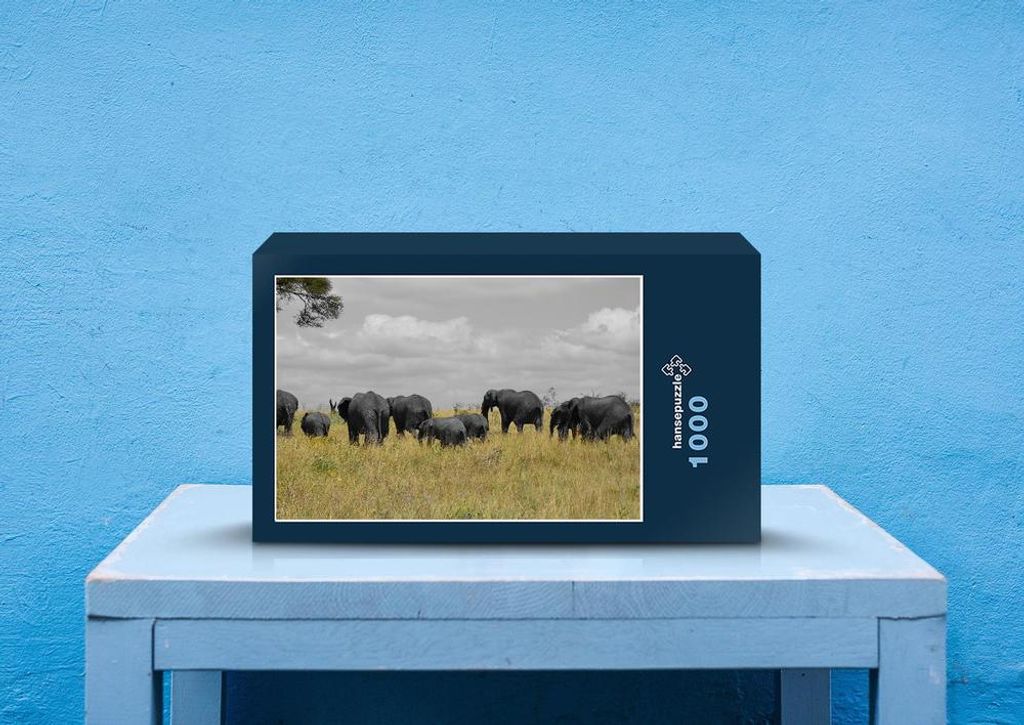 hansepuzzle 86467 - Elefanten Puzzle, 1000 Teile, Natur, 60,0 x 46,0cm mit hochwertiger Aufbewahrung, Kartonbox und wiederverschließbarem Beutel