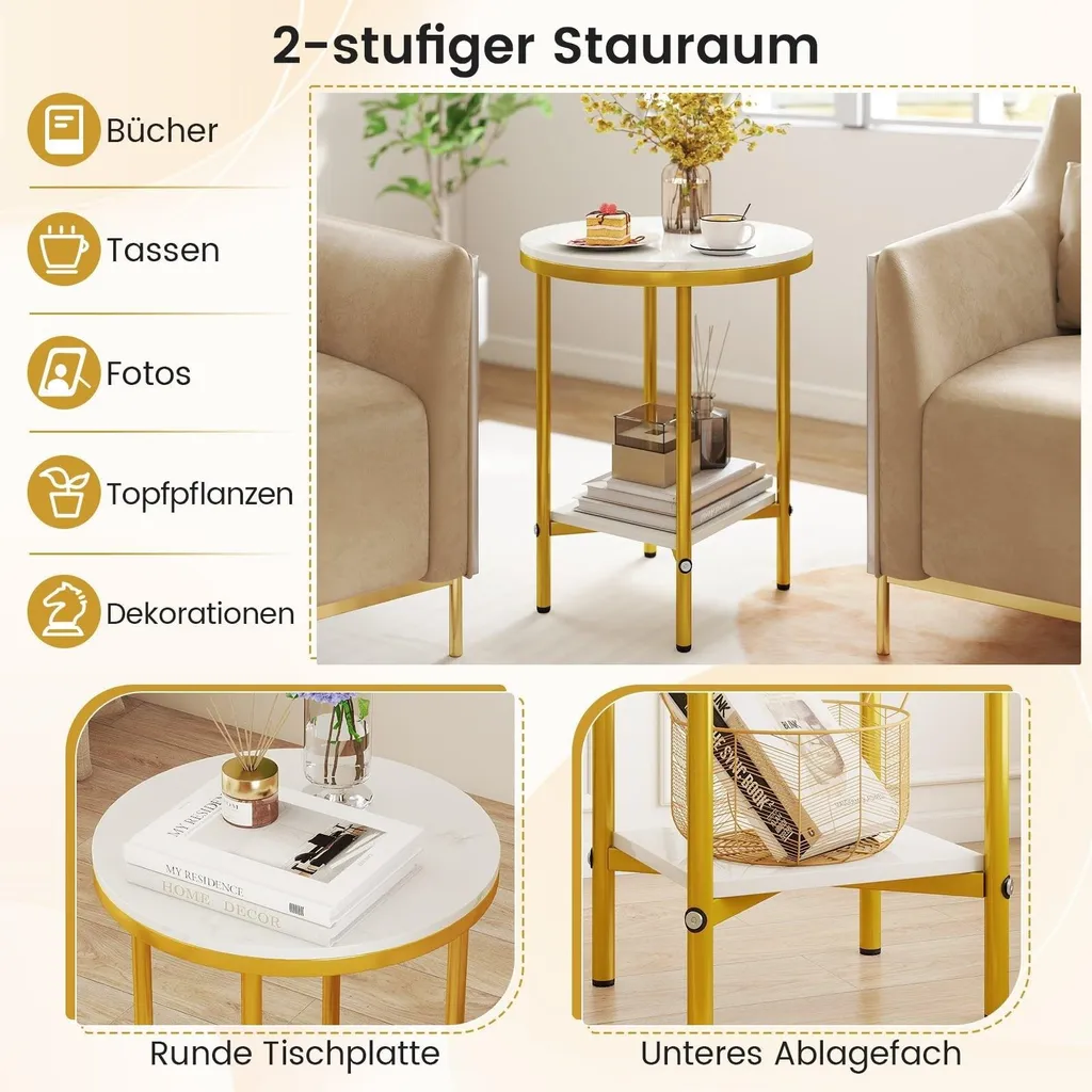Table de salon design marbre et or avec double plateau de rangement chic