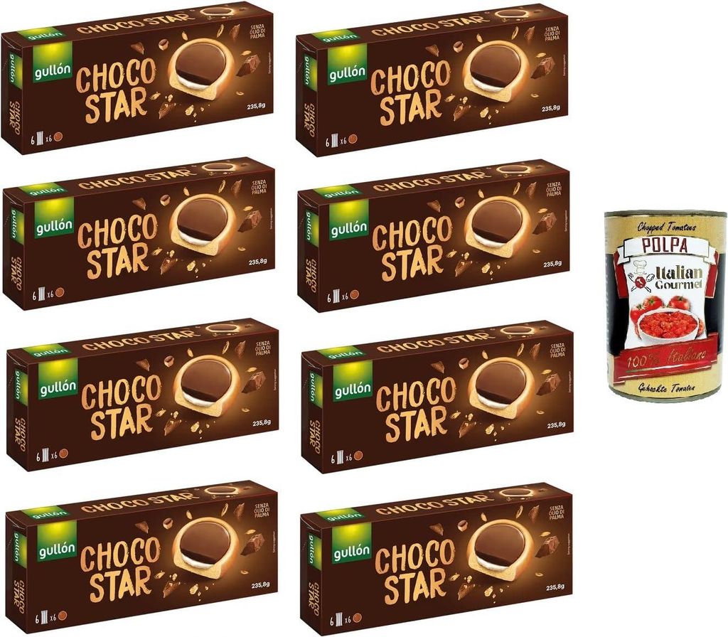A collection of chocolate biscuit packages and a can of chopped tomatoes.