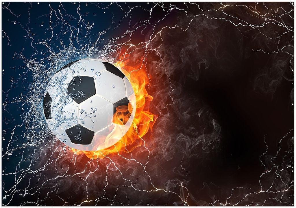 Wallario XXL Outdoor-Poster für Garten oder Balkon, Motiv Fußball - Feuer und Wasser, in ca. 400 x 280 cm