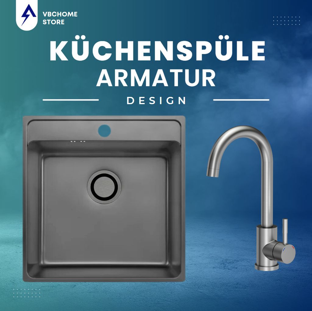 VBChome Edelstahlspüle mit Armatur – 49x48x21 cm, Graphit Leinenstruktur – Einbauspüle mit Hahnloch, Großes Becken, Siphon Küchenspüle Arm...