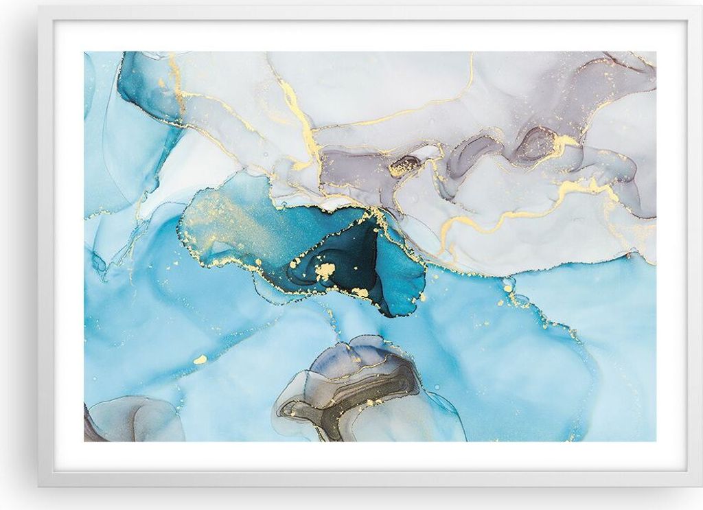 Gerahmtes Poster - Weißer Rahmen - Marmor Modern Blau - 70x50 cm - Wand Bild - Wanddeko - Wandbilder - Kunstposter - Wandposter - Bilderrahmen - B...