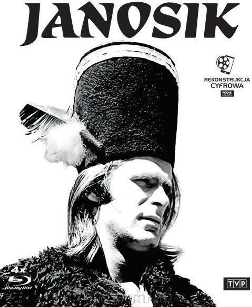 A black and white promotional image for the film Janosik, featuring a close-up of a man in traditional attire and a tall hat.
