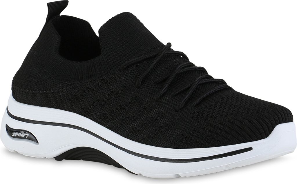 VAN HILL Damen Laufschuhe Sportschuhe Schnürer Sportliche Strick Schuhe 841618, Farbe: Schwarz Weiß, Größe: 37