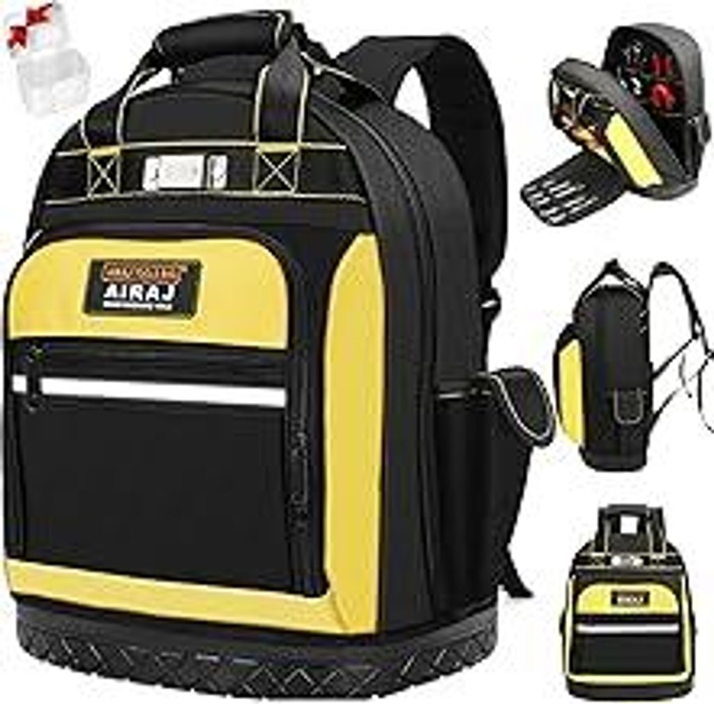 AIRAJ Werkzeugrucksack 43cm, Werkzeugrucksack mit Gummiboden, Robustes 1680D,ergonomischer Rücken, für Elektriker, Klempner, Wartungsarbeiter Wer...