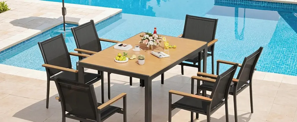 Table à manger d'extérieur rectangulaire en bois composite et alu - 4