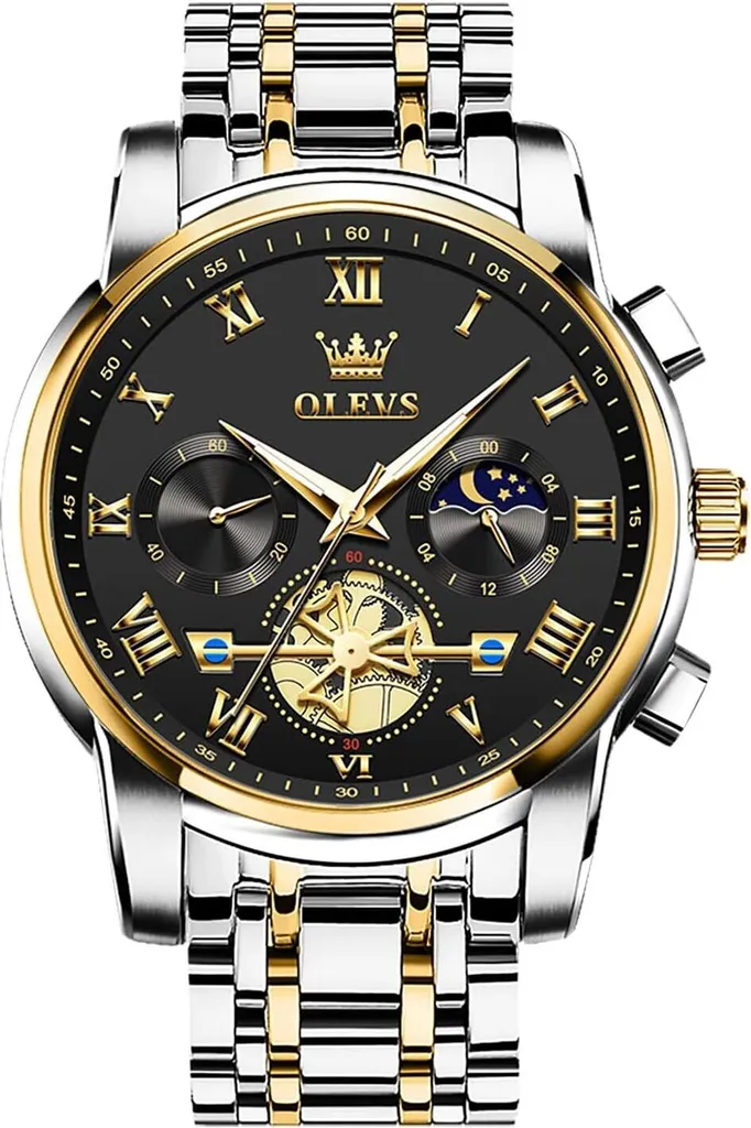 OLEVS Orologio Uomo Acciaio - Impermeabile e Luminoso - Fasi Lunari