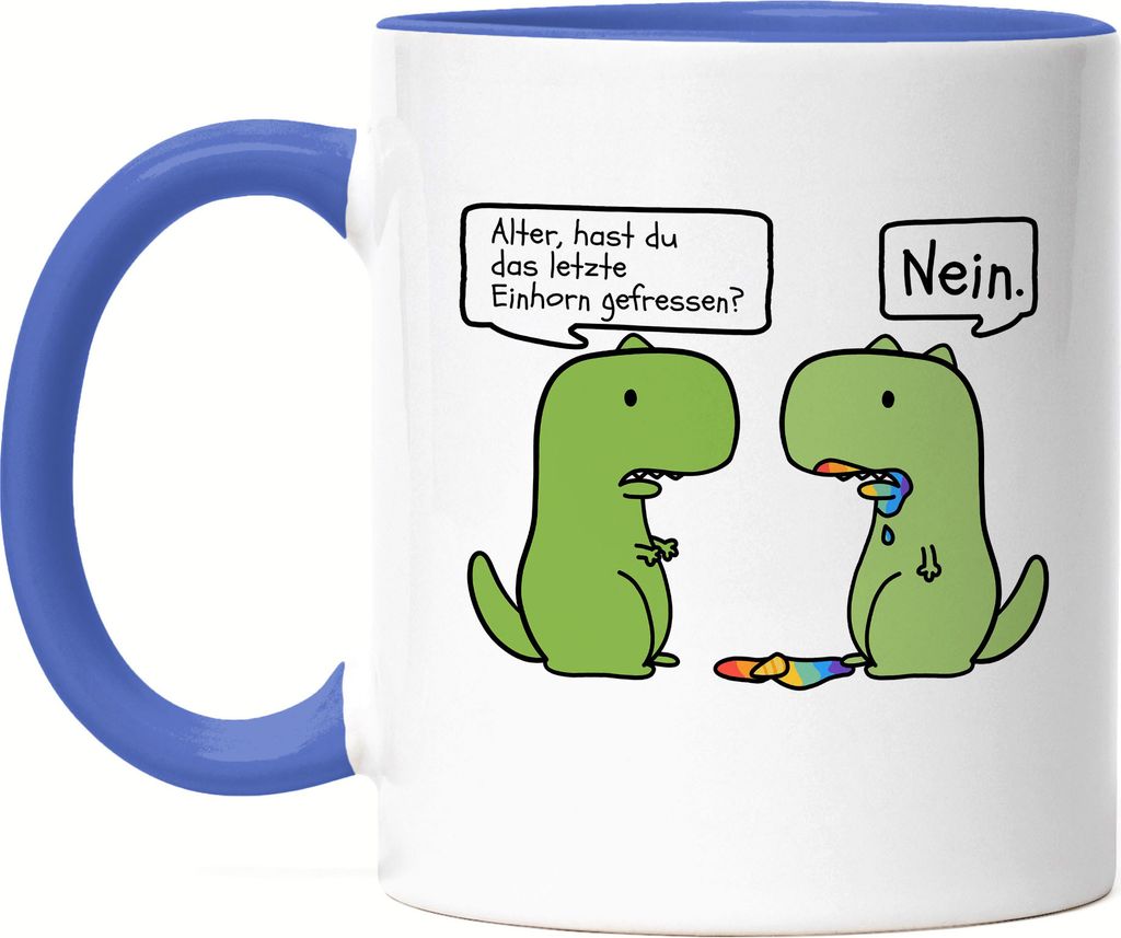 T-Rex frisst Einhorn Tasse Blau Lustiges Einhorn Dinosaurier Fun Dino Geschenk Ironie Sarkasmus