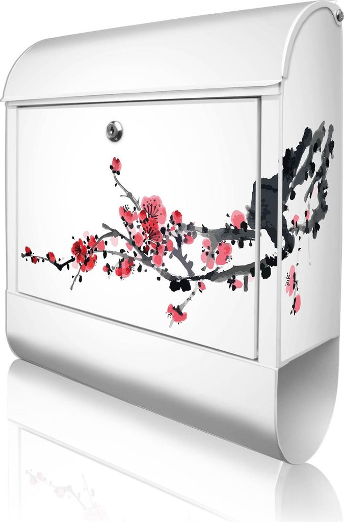banjado Design Briefkasten Stahl weiß mit Zeitungsfach pulverbeschichtet "Japanische Blüten 2" 38x46x12,5cm & 2 Schlüssel - Postkasten A4 Einwur...