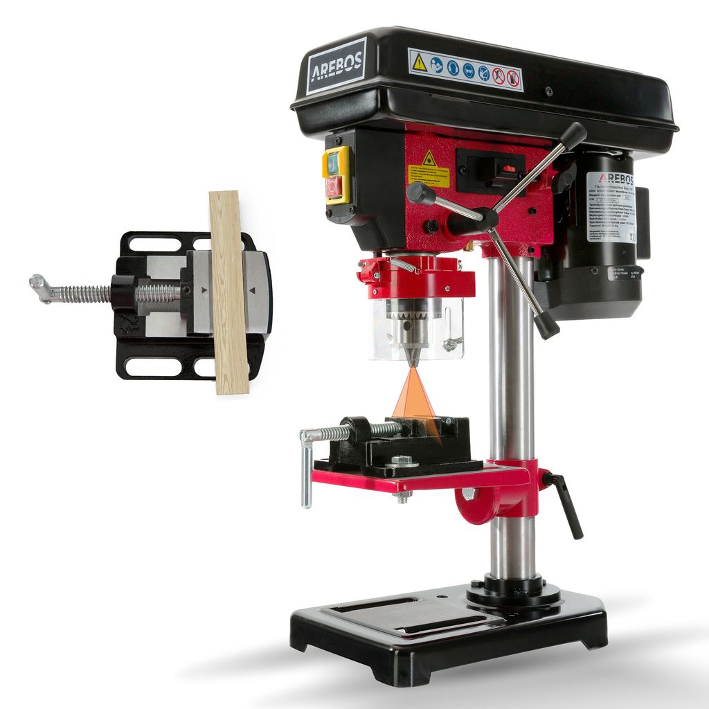 A drill press and a vise are shown against a white background.