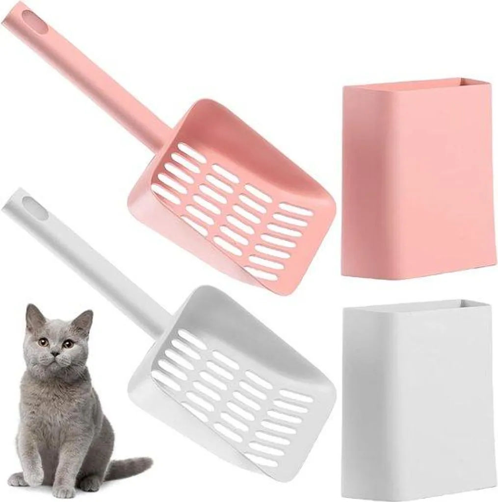 Kit pelle de nettoyage litière chat et son socle discret rose/blanc
