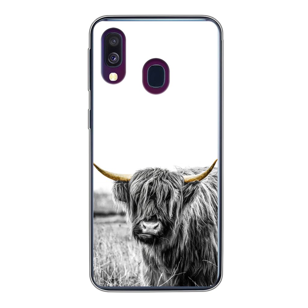 MuchoWow Handyhülle Schutzhülle Hülle für Samsung Galaxy A40 Schottischer Highlander - Gold - Schwarz - Weiß Silikon Softcase Handy Hülle -...