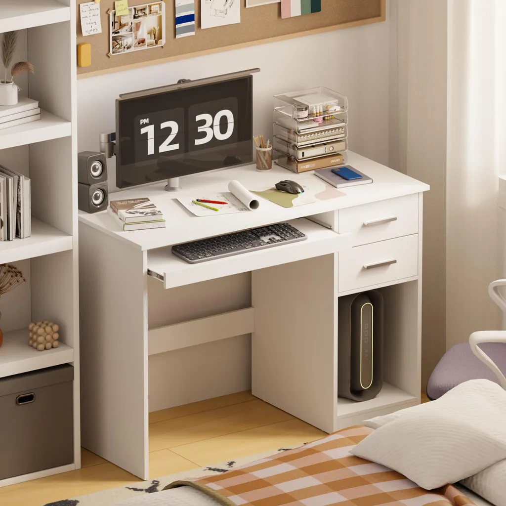 Bureau informatique blanc moderne avec rangements et tablette clavier - 2
