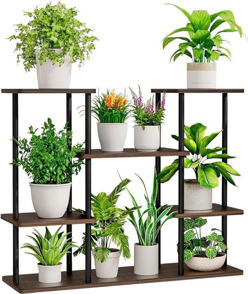 A multi-tiered plant stand filled with various potted plants.