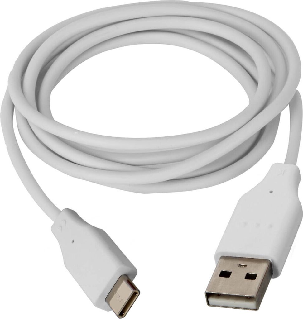 A white USB to USB-C charging and data cable coiled on a white background.