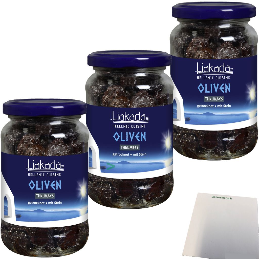 Liakada Schwarze Oliven Thrumbes getrocknet mit Stein 3er Pack (3x230g Glas) + usy Block