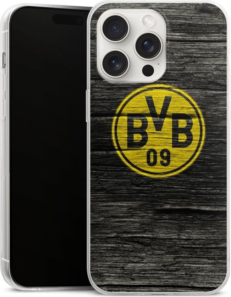 DeinDesign Slim Hülle für Apple iPhone 15 Pro Max Silikon Case Ultra Dünn Handyhülle BVB Borussia Dortmund Holzoptik
