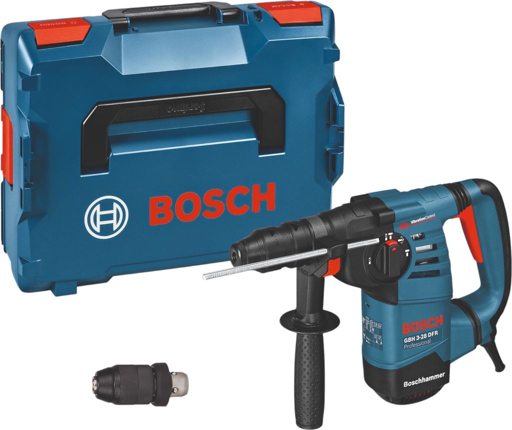 A Bosch rotary hammer drill and its carrying case are displayed against a white background.